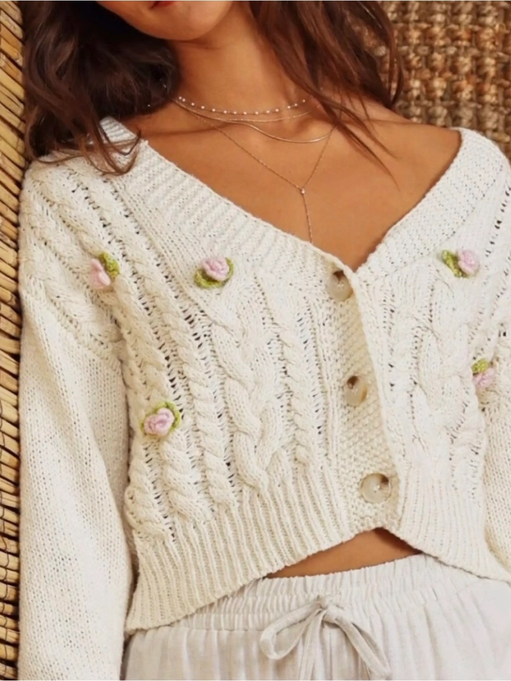 Altar'd State Cream Cable Knit Cardigan with Pink Rose Details